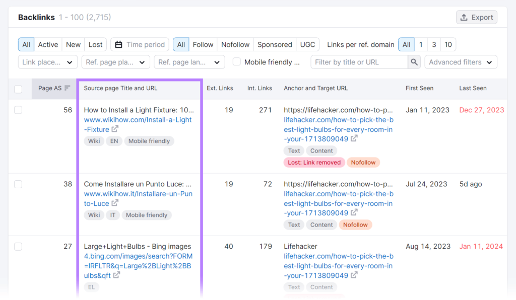 relevant backlinks and their source pages