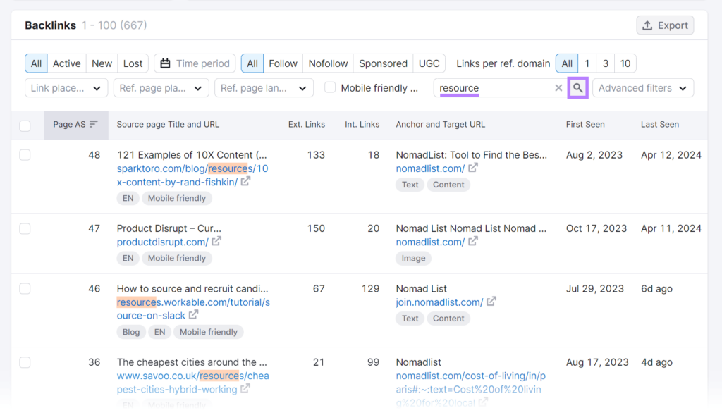 Backlinks report filtered by 'resource' text.