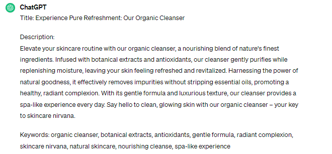 ChatGPT product description example