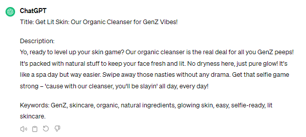 ChatGPT product description example / target audience