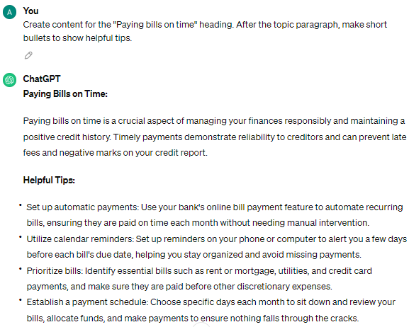 ChatGPT content generation