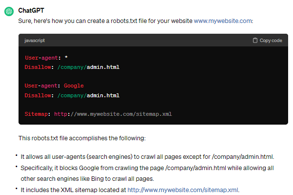 ChatGPT robots.txt file creation