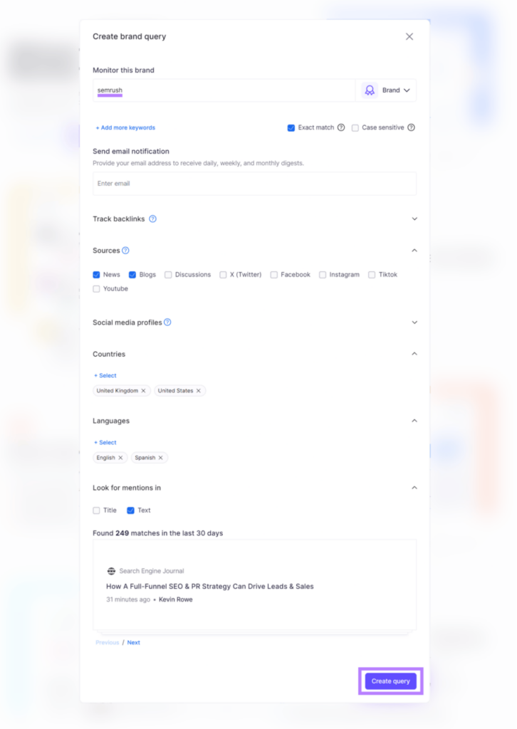 “Create brand query” window